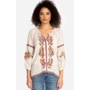 Johnny Was Juliene Embroidered Stripe Peasant Top Beige